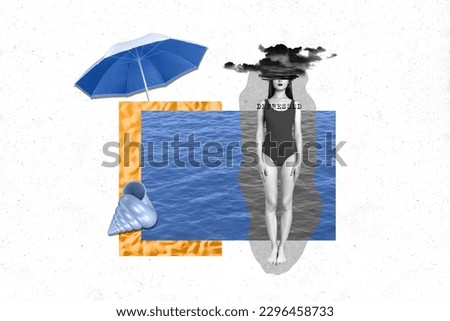 Creative collage picture of black white colors unsatisfied depressed girl swimwear head clouds water umbrella sea shell sand beach