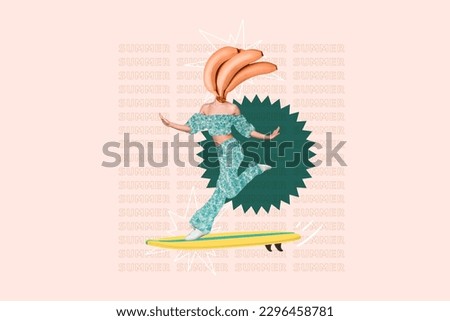 Photo cartoon comics sketch collage picture of carefree lady bananas instead head riding surfing board isolated creative background