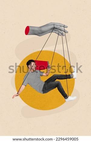 Vertical design collage photo of young man zombie addicted hold phone hanging ropes mass media manipulation isolated on beige background Royalty-Free Stock Photo #2296459005