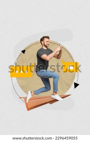 Creative abstract template graphics collage image of excited guy getting instagram twitter facebook likes isolated grey color background