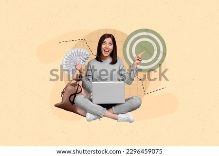 Creative artwork 3d collage photo of impressed ecstatic successful girl make money online with laptop isolated on beige color background