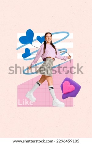 3d retro creative template collage of smiling charming lady holding heart like balloons isolated painting background