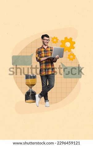 Collage artwork picture of smart guy chatting twitter telegram facebook empty space isolated painting background