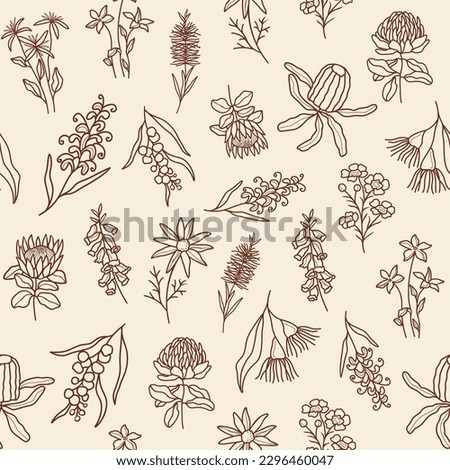 Line art Australian flowers seamless pattern Royalty-Free Stock Photo #2296460047