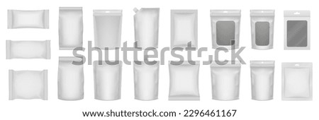 Set of realistic pouch mockups. White flow pack, sachet, zip bag and doypack. Ice cream wrapper. Sheet mask sachet. Soap or wet wipes packaging. Royalty-Free Stock Photo #2296461167