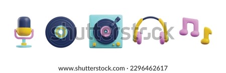 Vinyl record player, microphone, headphones and LP record in cute 3d style, vector illustration isolated on white. DJ mixing turntable accessories set.
