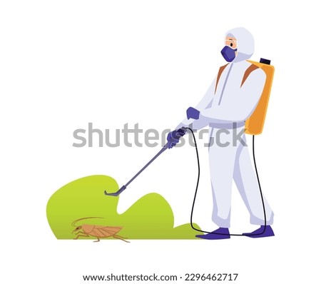 Man in protective suit exterminating cockroach with spray, flat vector illustration isolated on white background. Pest control service concept. Person disinfecting garden against pests and insects. Royalty-Free Stock Photo #2296462717