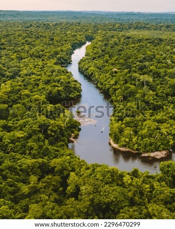 Brazil Amazon river aerial view of boat Royalty-Free Stock Photo #2296470299