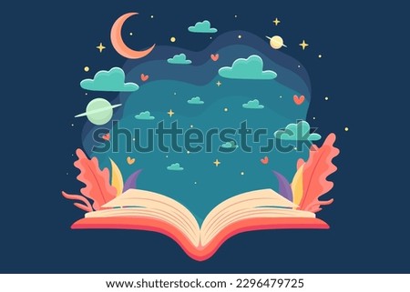 Reading an interesting book, the concept of immersion in the world of books, interesting stories, World Book Day, Children's Book Day, Cartoon illustration, Poster, banner, postcard, background 