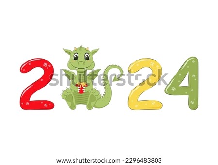  Vector illustration of cartoon cute dragon and funny color number 2024 with a gift box on New year.