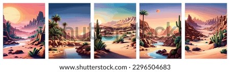 Desert background Summer with sun, sand, clouds, palms Trees Vector design style Nature Landscape. Digital illustration desert oasis with cacti. Cacti flowers coming out of the ground with sand hills  Royalty-Free Stock Photo #2296504683