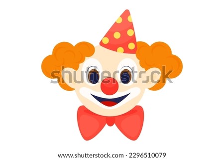 Illustration of a clown with a festive hat with red hair and a bright bow, a children's drawing. Cute baby shower clipart or print for invitations, greeting cards, posters, etc