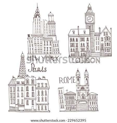New York, London, Paris, Rome. City set illustration 