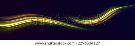 Abstract green blue wave light effect in perspective vector illustration. Abstract neon motion glowing wavy lines. Yellow sparks zig zag vortex trail footprint tracing effect on black background. 