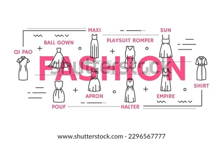 Fashion woman line dresses. Woman clothing boutique outline vector banner. Girl apparel shop icons with qi pao, ball gown, maxi and playsuit romper, sun, shirt, empire and halter, apron, pouf dresses