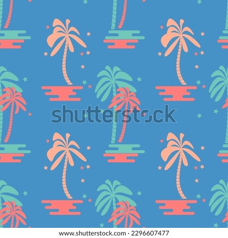 Palm tree seamless pattern. Psychedelic paradise background in flat design. Retro summer backdrop. Design for fabric, textile print, wrapping paper, fashion, interior, cover. Vector illustration.