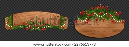 Christmas wood sign board with fir and red berries. Realistic winter wooden nail signboard frame with evergreen xmas theme design. Isolated 3d title label illustration with pine decoration and garland Royalty-Free Stock Photo #2296613773