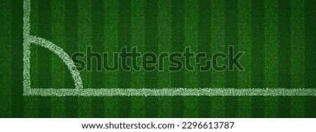 Top view of realistic soccer pitch corner. Vector illustration of white lines drawn on green grass of football field. Natural or artifical turf texture background. Place for sports match, competition Royalty-Free Stock Photo #2296613787