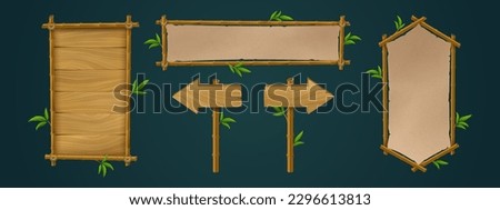 Wooden bamboo sign board frame game ui vector set. Wooden signboard with rope on stick and border isolated tropical illustration. Hawaiian empty menu panel layout for message or notification