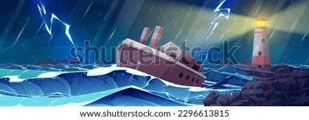 Cartoon thunder storm sea with lighthouse at night vector landscape illustration. Danger scene with ship in rainy ocean and thunderstorm. Light navigation from beacon lamp nautical background