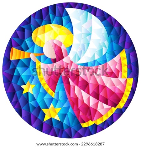Illustration in stained glass style with an abstract angel in pink robe blowing pipe , round picture 