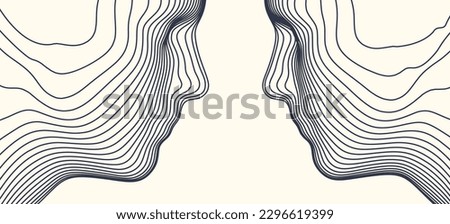 Two opponents facing each other. Conflict. People talk face to face. The concept of rivalry. Abstract digital human head made from lines. 3d vector illustration for banner, poster, cover or brochure. Royalty-Free Stock Photo #2296619399