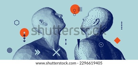 Men looking up. No matter how far it seems, go after your dream. Illustration of an man's face created from small particle. Pixel art. Design for banner, flyer, poster, cover or brochure. Royalty-Free Stock Photo #2296619405