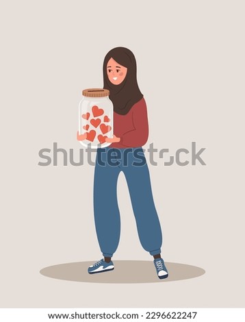 Donation and charity concept. Arabian woman holding in hands glass jar with red hearts. Give and share your love. Support and hope for homeless and poor people. Vector illustration in cartoon style.