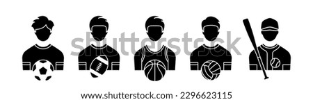 Athlete solid monochrome icon set. Soccer,rugby,basketball,volleyball and baseball icons.