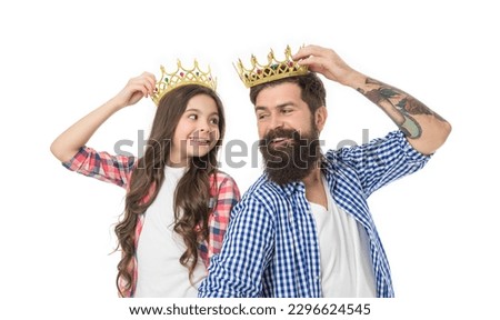 Crown symbol of royal. Luxury life. Father and kid with golden crown. We are just best. King and princess concept. Bearded hipster and little daughter. Family heritage. Crown richness and monarchy