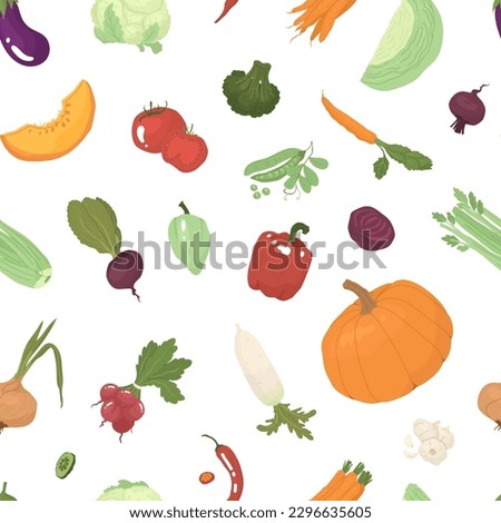 Endless, seamless pattern with different types of vegetables. Decor for kitchen, grocery store, farm products. Vector illustration. Transparent background. Royalty-Free Stock Photo #2296635605