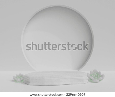 Rock Concrete pedestal backdrop and Stone stand stage on white background.Empty gray podium for presentation with flower.Abstract display concept.Geometric platform show cosmetic product.3D render