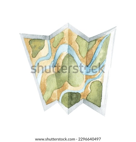Watercolor map hand painted illustration. Travel set