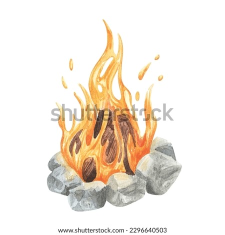 Watercolor burning bonfire with wood and stones on the campfire place. Hand drawn illustration isolated on white background. Perfect traveling, trip, hiking, camping, nature, journey elements. Royalty-Free Stock Photo #2296640503