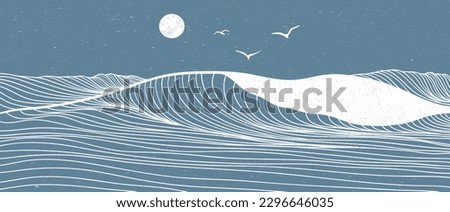 Ocean wave landscape illustration. Creative minimalist modern line art print. Abstract contemporary aesthetic backgrounds landscapes. with Ocean, sea, skyline, wave and sunset