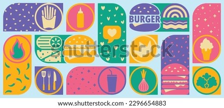 Stunning colorful vector illustration burger craze with social media banner. Indulge in our juicy and savory hamburger poster that's perfect for any occasion, like restaurant or hotel promotion or ads Royalty-Free Stock Photo #2296654883