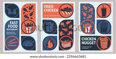 Fried chicken, French fries, soda poster design for social media marketing of a restaurant or hotel. Set of vector illustrations. Typography. Bauhaus style. Labels, cover, template, background, post. Royalty-Free Stock Photo #2296663681