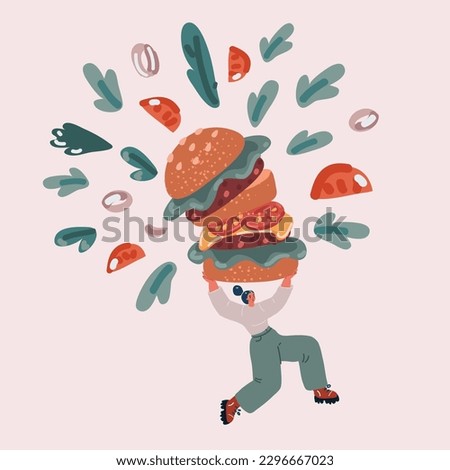 Cartoon vector illustration of Fast food. Young caucasian people running and jumping with burger in her hands