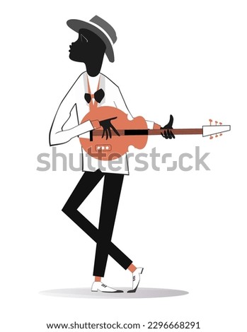 African guitar player. 
African musician playing guitar and singing. Isolated on white background
