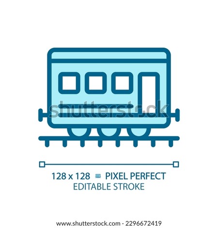 Passenger railroad carriage pixel perfect blue RGB color icon. Railway car. Train wagon. Rapid transit. Compartment coach. Isolated vector illustration. Simple filled line drawing. Editable stroke