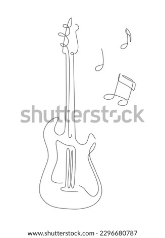 One line Electric guitar illustration with notes. rock Music band instrument line art. steel guitar logo icons vector design. 