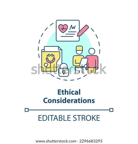 Ethical considerations concept icon. Patient records privacy protection guarantee. Precision medicine factor abstract idea thin line illustration. Isolated outline drawing. Editable stroke Royalty-Free Stock Photo #2296683293