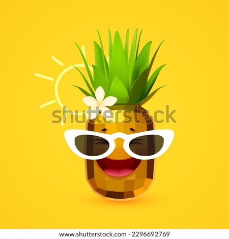 Hello Summer! Cool summer vacation. 3D tropic holiday design. Exotic journey. Smiling gold pineapple with sunglasses