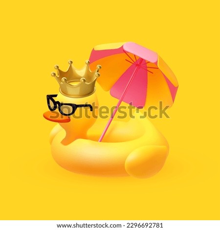 Hello Summer! Cool summer vacation. 3D tropic holiday design. Exotic journey. Duck pool ring with crown and umbrella