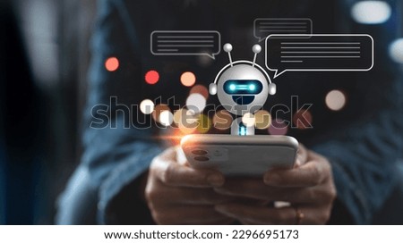 Digital chatbot, internet bot application, conversation assistant, AI Artificial Intelligence. Woman using mobile smart phone chatting with customer service, ChatGPT, AI chatbot automatic answering Royalty-Free Stock Photo #2296695173
