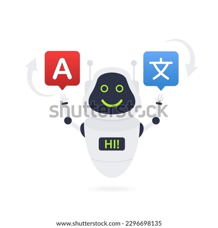 Chatbot translator. Online translates your messages into another language. Ai online support for translation document and reading books technology. Cartoon cute character. Vector illustration