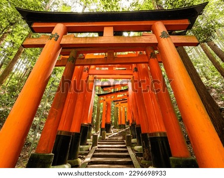 Dramatic view of walking in red gates "Torii", Fushimi Inari Shinto shrine in Kyoto in Japan, Chinese character in this picture means "dedication". Royalty-Free Stock Photo #2296698933
