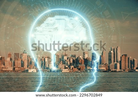 Brain hologram drawing on cityscape background multi exposure. Ai in modern city concept.