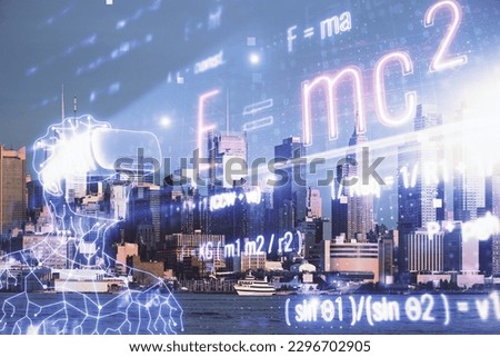 Double exposure of sience formula drawing and cityscape background. Concept of education.