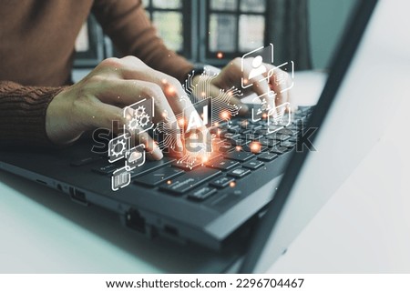 AI technology, Artificial Intelligence, Chatbot Chat and talk with AI, Using laptop for search and find data by command prompt, robot learning machine create or generate picture or article auto